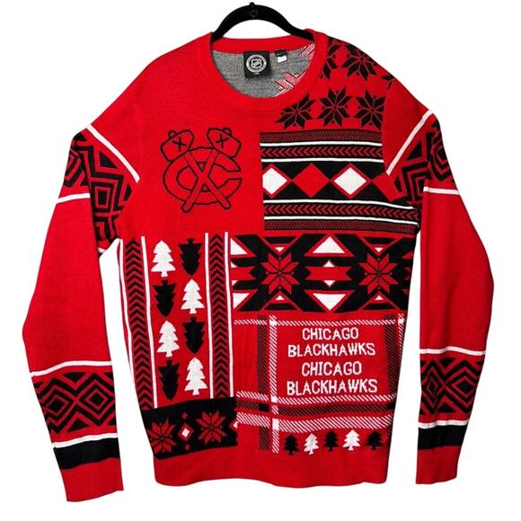 Chicago Blackhawks Ugly Christmas Sweater Red Black Size L Hockey Fans NHL - Picture 3 of 10